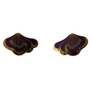 Laurel Burch Earrings‎ Purple Gold Vintage Enamel Fan Ginkgo Studs